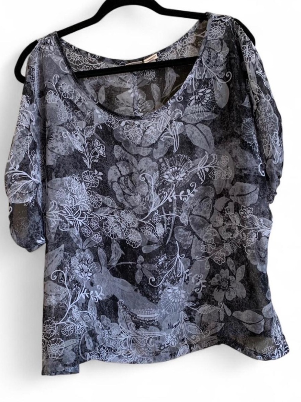 Y2K Sheer Black Floral Print Blouse size Large